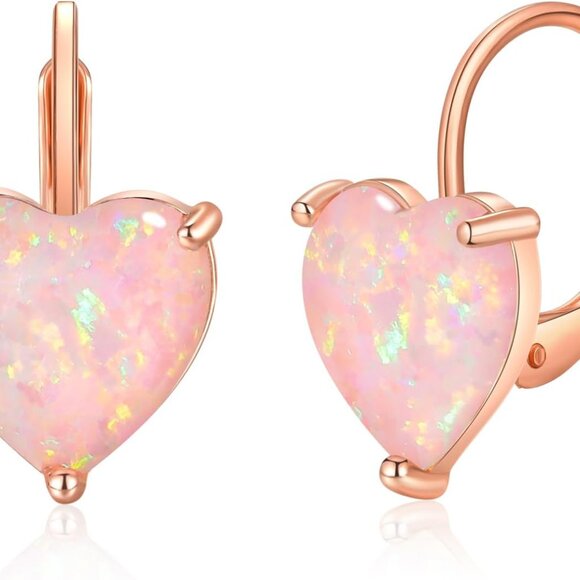 Heart Opal Earrings Leverback Drop Jewelry for Sensitive Ears Fashion Gift - Picture 8 of 8